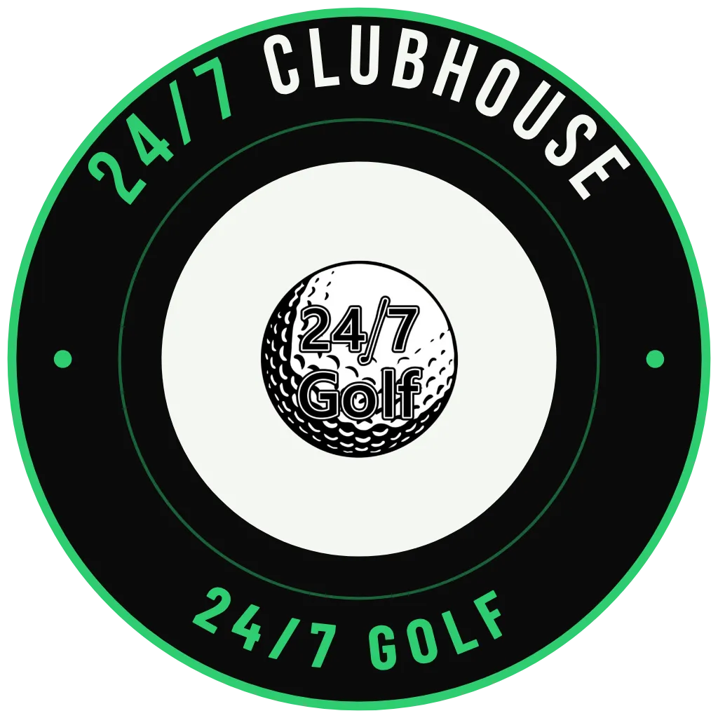 24/7 Clubhouse badge — the 24/7 Golf ball in a black roundel with a green rim